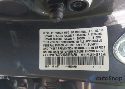 2016 Honda Civic Ex из США, поврежденный, VIN 19XFC2F79GE097430